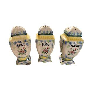 VTG Lot 3 Salt Sugar Flour Shakers MARUTOMO WARE Kitsch Retro Kitchen Japan Read